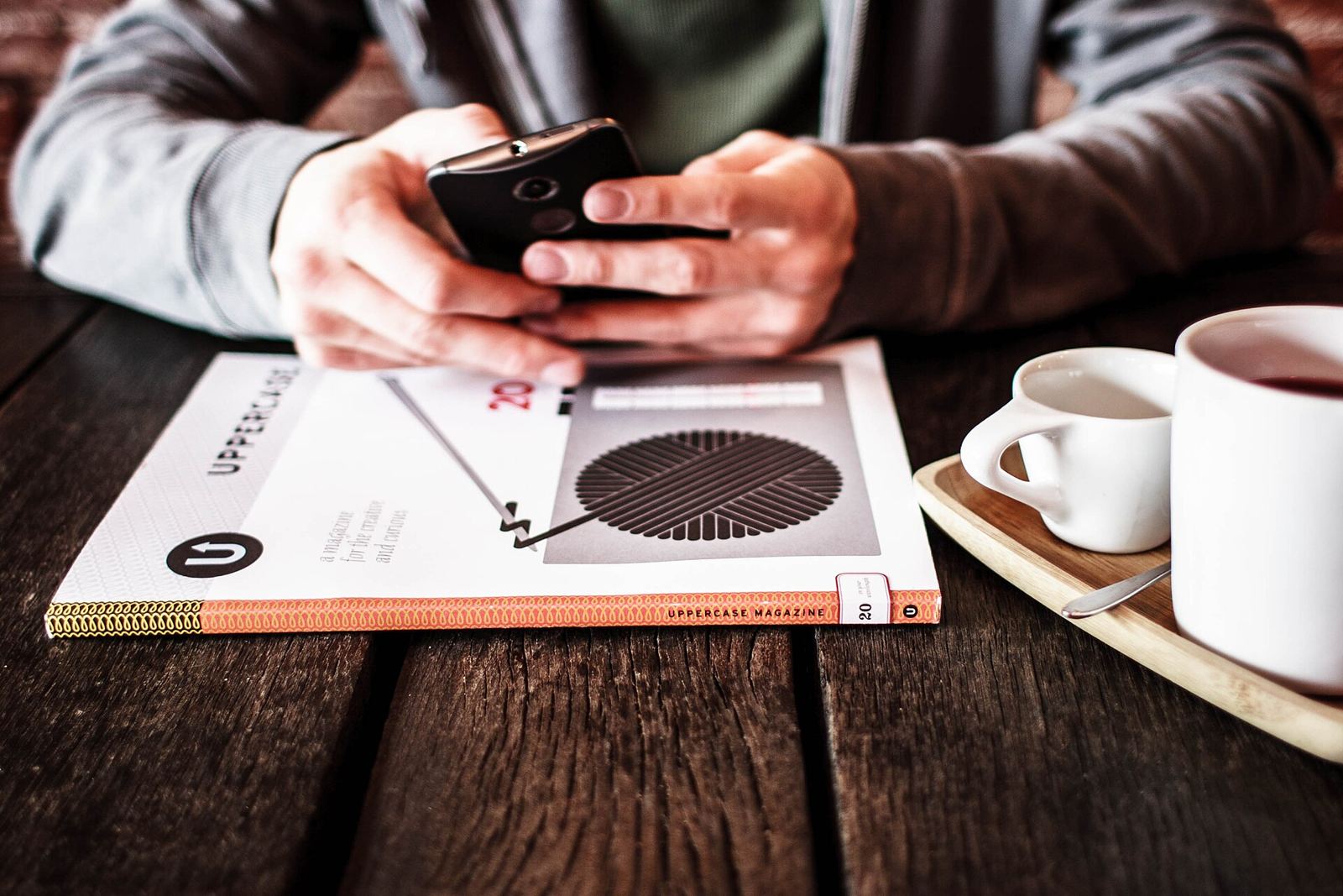 Phone and coffee on a wooden table